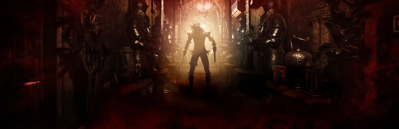 Tormented Souls key art: a twisted figure stands in a red-lit corridor lined with suits of armour, glowing light behind it