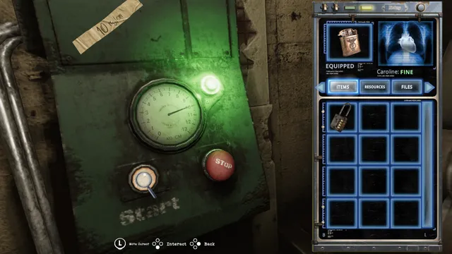 Tormented Souls screenshot: the inventory screen with a lighter equipped and an x-ray health display beside a green pressure gauge with start and stop buttons