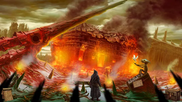 The hooded man before a burning, wrecked wooden ship in a red, smoky wasteland