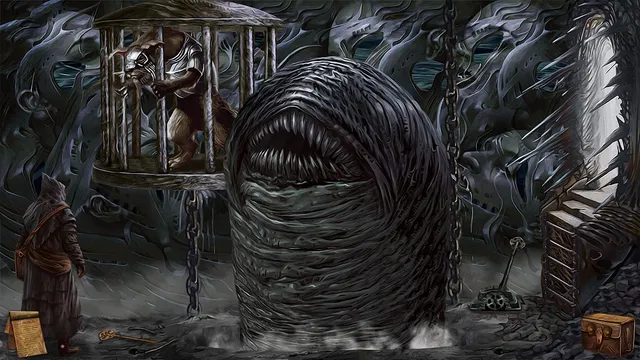 A hooded man stands before a giant toothed worm beside a hanging cage in a grey biomechanical hall