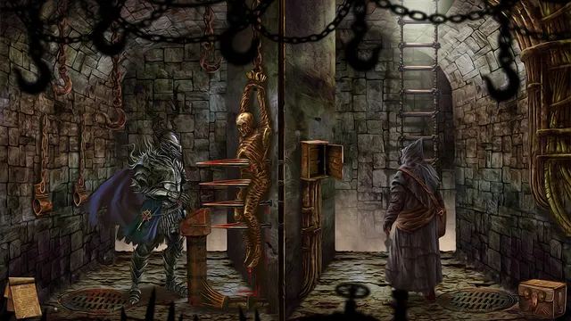 A stone dungeon with hooks and chains, an armoured guard and a golden skeleton hanging in a cage