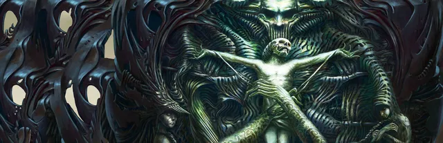Tormentum art: a skull-faced figure with outstretched arms bound in a wall of dark biomechanical flesh, with hooded figures below