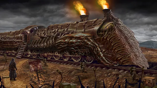 A huge train shaped like a living creature with flaming chimneys on a bleak plain