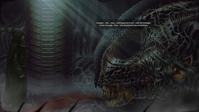 A hooded figure faces a huge biomechanical head of ridged grey flesh with bared teeth