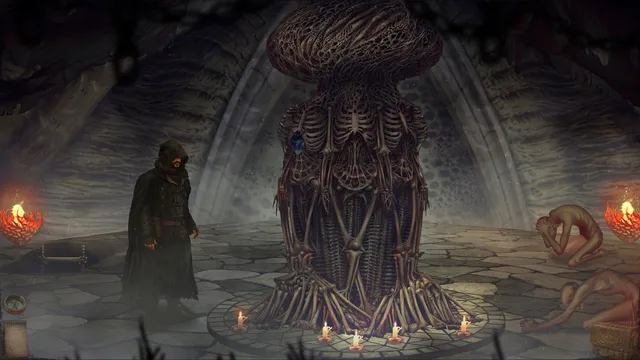 A cloaked figure stands before a tall pillar of fused bones and skulls, with candles and a crouching naked figure nearby