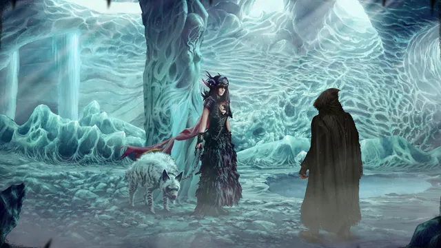 A woman in a dark gown with a white wolf meets a cloaked figure in a frozen landscape of icy, organic shapes
