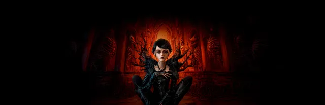 Tormentum II key art: a pale, dark-haired woman seated in a red-lit chamber of biomechanical shapes