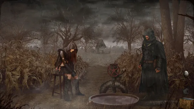 A hooded woman sits on a stool in a foggy, dead field while a cloaked man waits by a strange machine