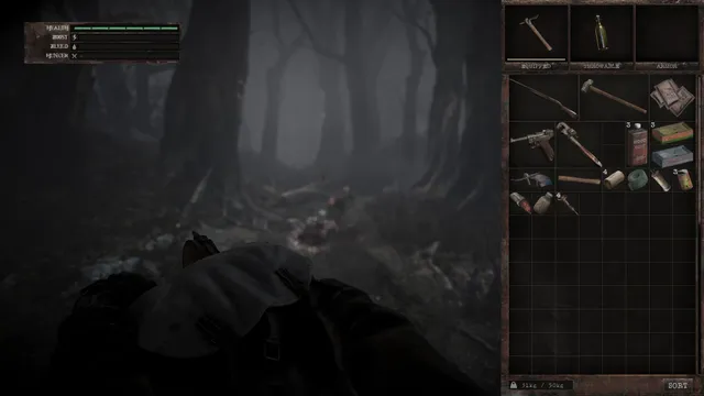 Total Chaos screenshot: a dark, misty forest with a body on the ground, health bars and an inventory open