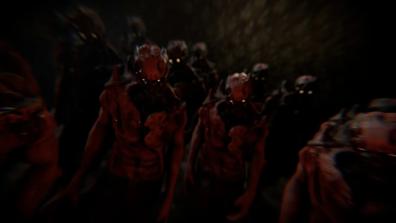 Total Chaos screenshot: a crowd of red, skinless creatures with glowing eyes presses forward in the dark