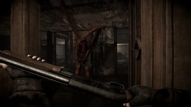 Total Chaos screenshot: the player holds a pump shotgun as a tall, red, spindly creature stands in a dim wooden room