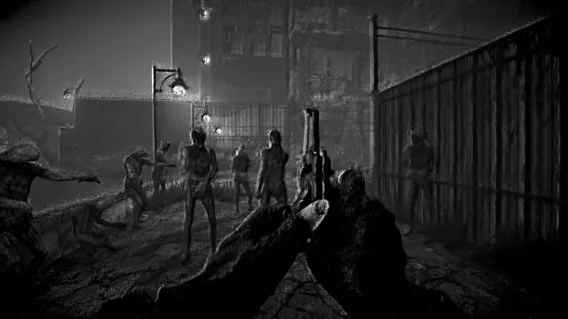 Total Chaos screenshot: in grey fog, the player aims a pistol at figures shambling along a fenced street lit by lamps