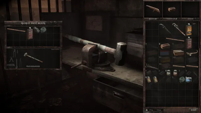 Total Chaos screenshot: a crafting bench with a vise and sledgehammer beside an inventory grid of tools and supplies