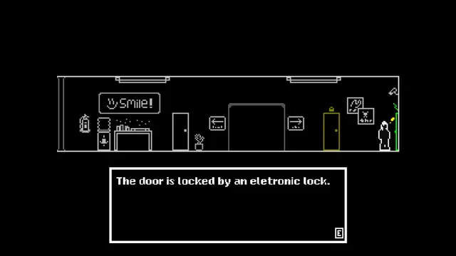 Touch of Madness screenshot: Lavina stands in a white-line office corridor under a Smile sign, and a message says the door is locked by an electronic lock