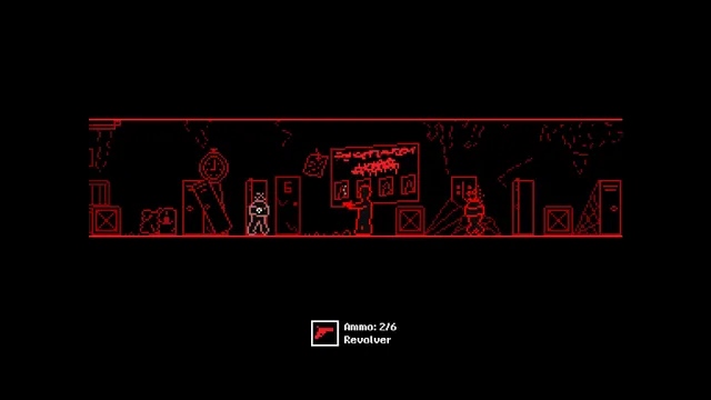 Touch of Madness screenshot: in a red side-view corridor Neo aims a revolver at a creature while the counter below reads Ammo 2/6, Revolver