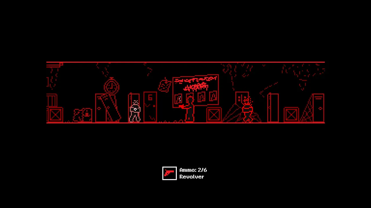 Touch of Madness screenshot: in a red side-view corridor Neo aims a revolver at a creature while the counter below reads Ammo 2/6, Revolver