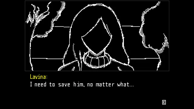 Touch of Madness cutscene: a long-haired figure with a shadowed face grins, and Lavina says she needs to save him no matter what