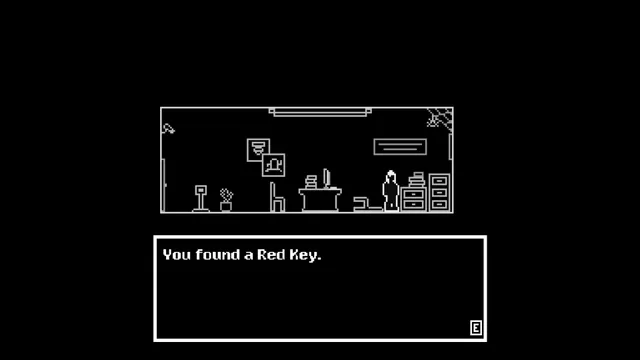 Touch of Madness screenshot: Lavina beside filing cabinets in a small office as a message says You found a Red Key