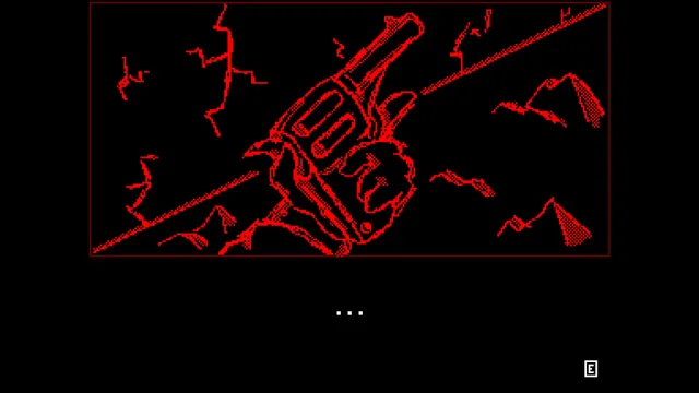 Touch of Madness cutscene: a hand gripping a revolver, drawn in red pixel lines over black