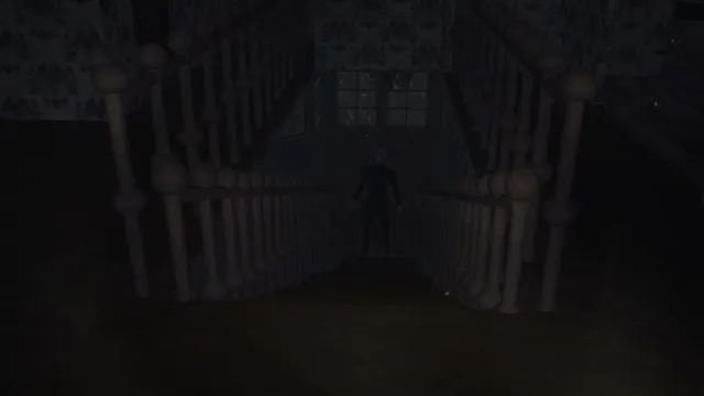A dark figure stands at the foot of a wooden staircase in an unlit house