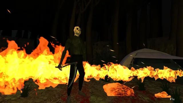 A skull-masked killer with a machete stands in front of a wall of fire by a tent in the woods