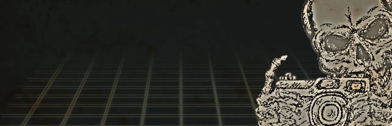 Trash Horror Collection art: a grinning skull-faced figure holding an old camera beside a dark grid floor