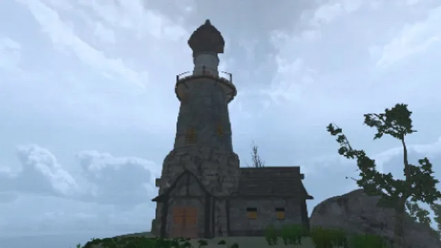 A stone lighthouse and keeper's cottage on a rocky island under a grey sky