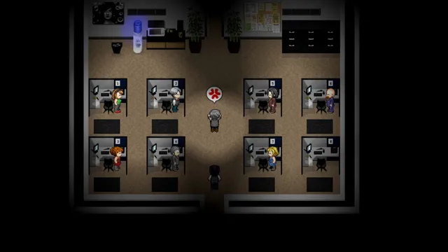 A top-down office floor of cubicles with workers at their desks, lit by a single light
