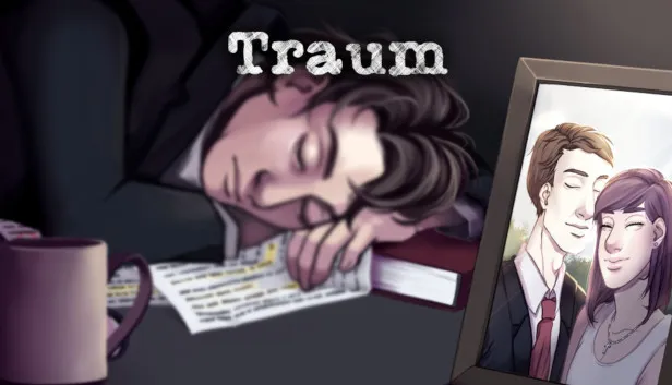 Traum key art: Mike asleep on his desk over paperwork beside a framed photo of him and his wife
