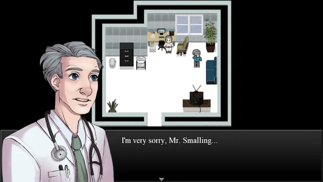 A grey-haired doctor in a white coat telling Mr. Smalling he is very sorry, over a top-down room
