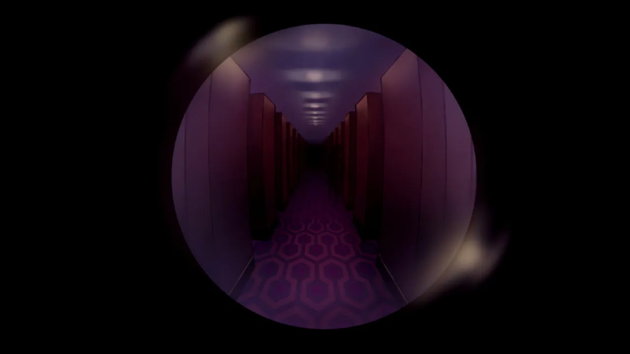 A long purple hallway with patterned carpet seen through a round, distorted lens in the dark