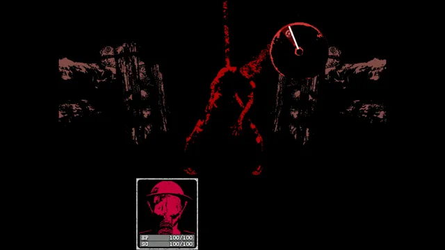 A red hanging figure in the trenches with a timing gauge for an attack
