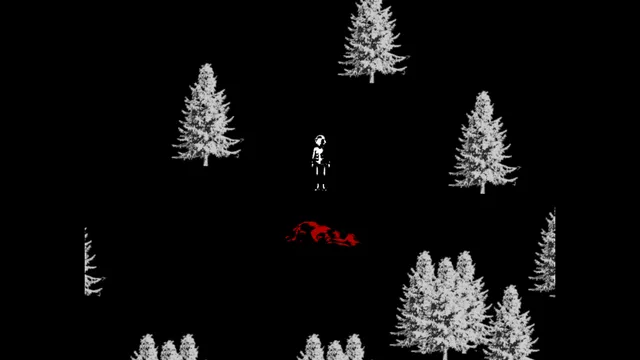 A small figure in a dark forest of white pines beside a red stain