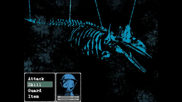 A blue skeletal creature hanging from wires, with the Attack, Skill, Guard and Item menu