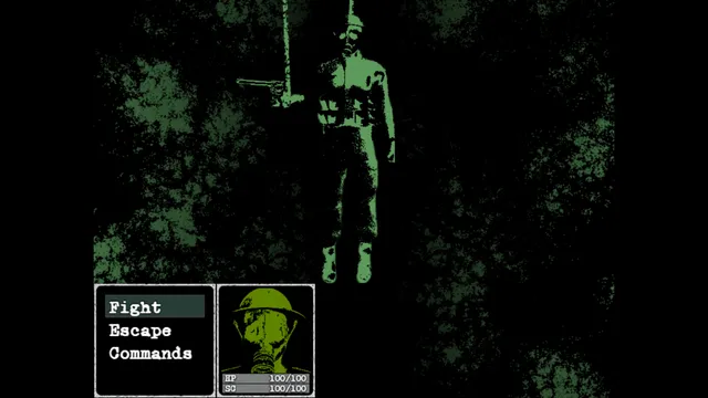 A battle against a hanging soldier figure with a pistol, the Fight, Escape and Commands menu below
