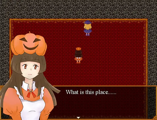 Trick & Treat screenshot: Amelia in her pumpkin hat asks what is this place in a red-carpeted hall