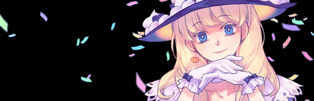 Trick & Treat art: a smiling blonde witch in a wide purple hat rests her chin on gloved hands among falling confetti