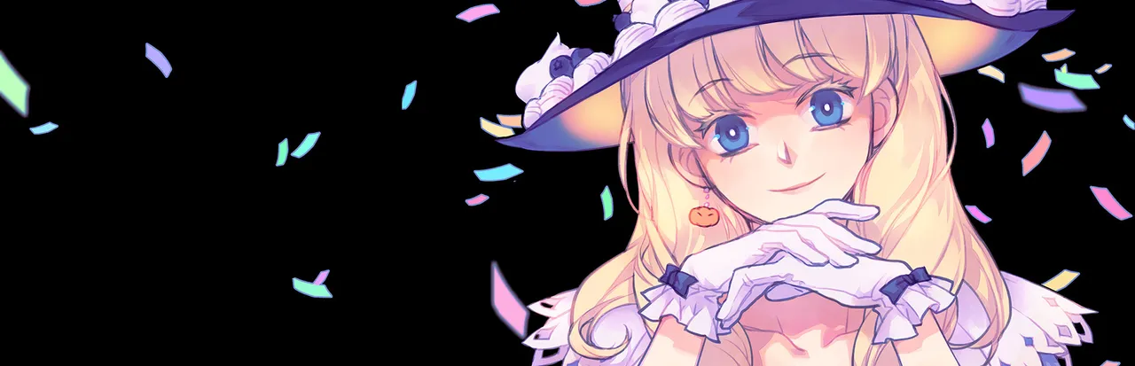 Trick & Treat art: a smiling blonde witch in a wide purple hat rests her chin on gloved hands among falling confetti