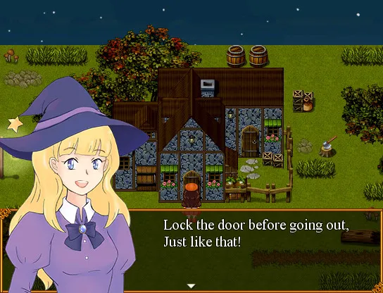 Trick & Treat screenshot: Charlotte the witch says lock the door before going out, outside a stone cottage at night