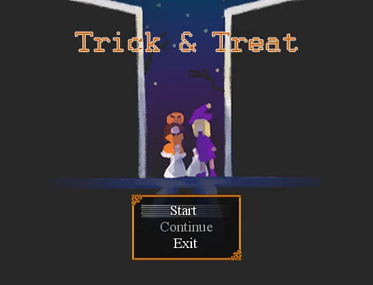 Trick & Treat title screen: a girl in a pumpkin hat and a witch stand in a doorway under the night sky above Start, Continue and Exit