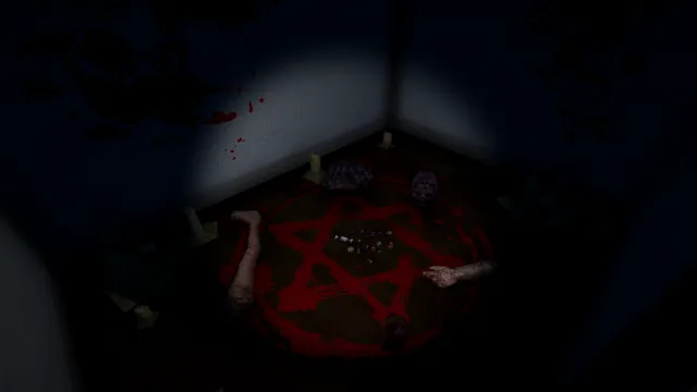 Trick or Treat screenshot: a blood pentagram on the floor with candles and severed limbs, lit by a flashlight
