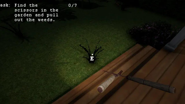 Trick or Treat screenshot: garden shears on the porch and weeds in the lawn, with the task to pull out the weeds