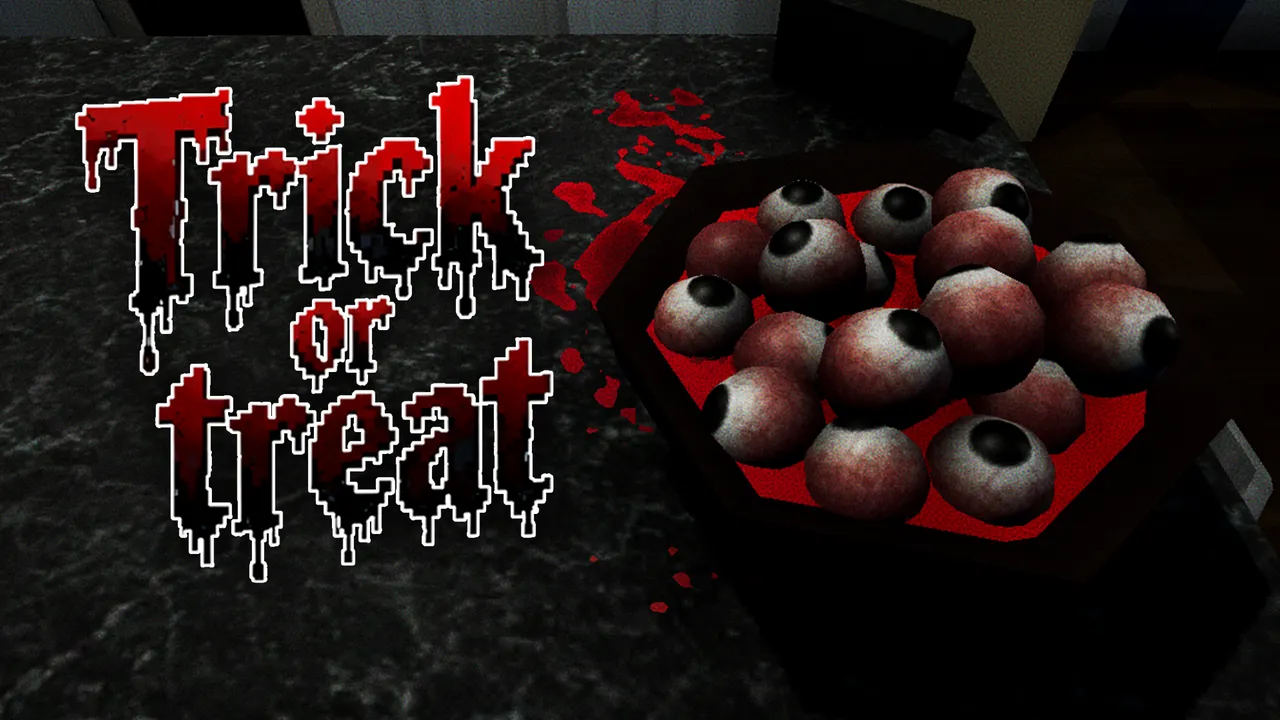 Trick or Treat key art: the dripping red title beside a bowl of eyeballs in blood on a kitchen counter