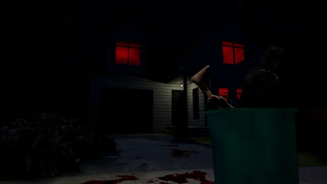Trick or Treat screenshot: a dark house with red-lit windows and a bin with a leg sticking out of it