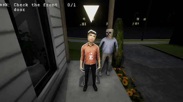 Trick or Treat screenshot: two visitors on the porch at night, one in a paper-bag mask, with the task Check the front door