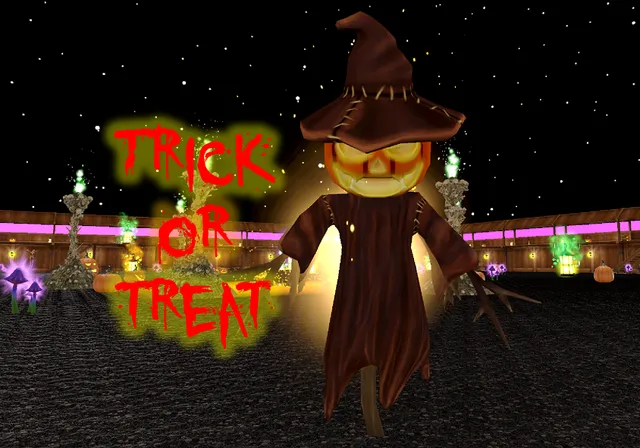 Trick Or Treat cover: a pumpkin-headed scarecrow in a witch's hat beside the title in dripping red letters