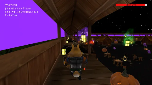 Trick Or Treat: the fox runs along a covered wooden walkway lined with glowing lanterns toward a tower lantern in purple light