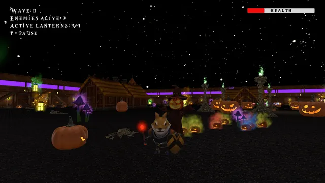 Trick Or Treat: an armoured fox with a red-tipped staff stands in a night village square full of jack-o'-lanterns and skeletons beside a pumpkin-headed scarecrow, wave 11 with 3 of 4 lanterns lit