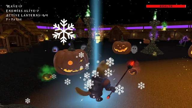 Trick Or Treat: the fox casts a frost spell among giant carved pumpkins and small white ghosts at wave 13