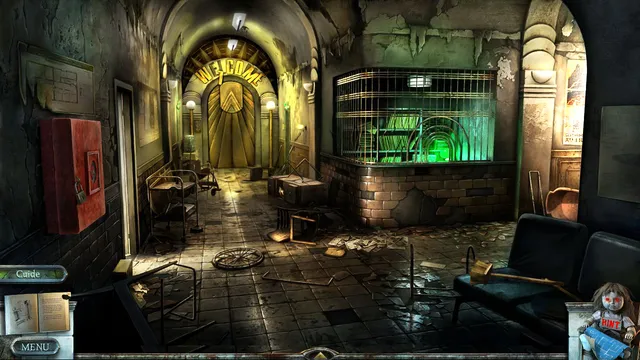 A decayed hallway with a Welcome sign over the door and a caged reception window lit green